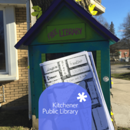 little library with a zine in front of it and the logo Kitchener Public Library