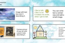 Image of four ways to use jamboard as part of an arts based facilitation workshop. Including image over text, layered words, camera picture, or doodle