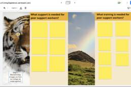 template for peer based art activity with a tiger on the left with post it notes in yellow and a rainbow on the right with post it notes in yellow