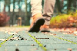 set of keys on the ground with sidewalk stones with moss growing between them. A man is walking away in the background